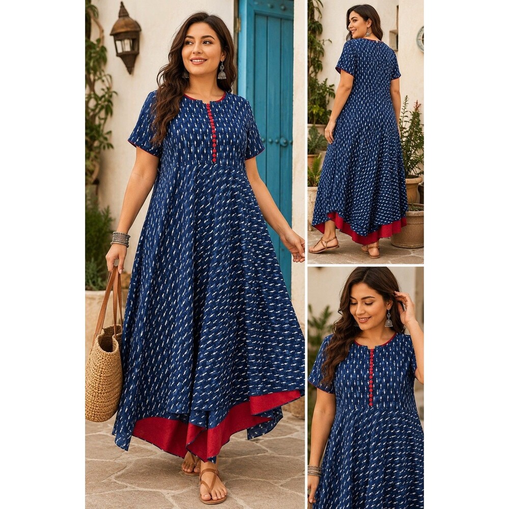 NEERUS Tagged 3XL See Measurements Indie Boho Artisan Handkerchief Midi Dress